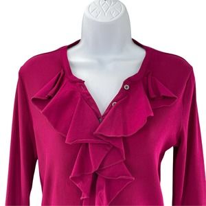 LAUREN RALPH LAUREN Burgundy Ruffled V-Neck Long Sleeve Rib Knit Top S